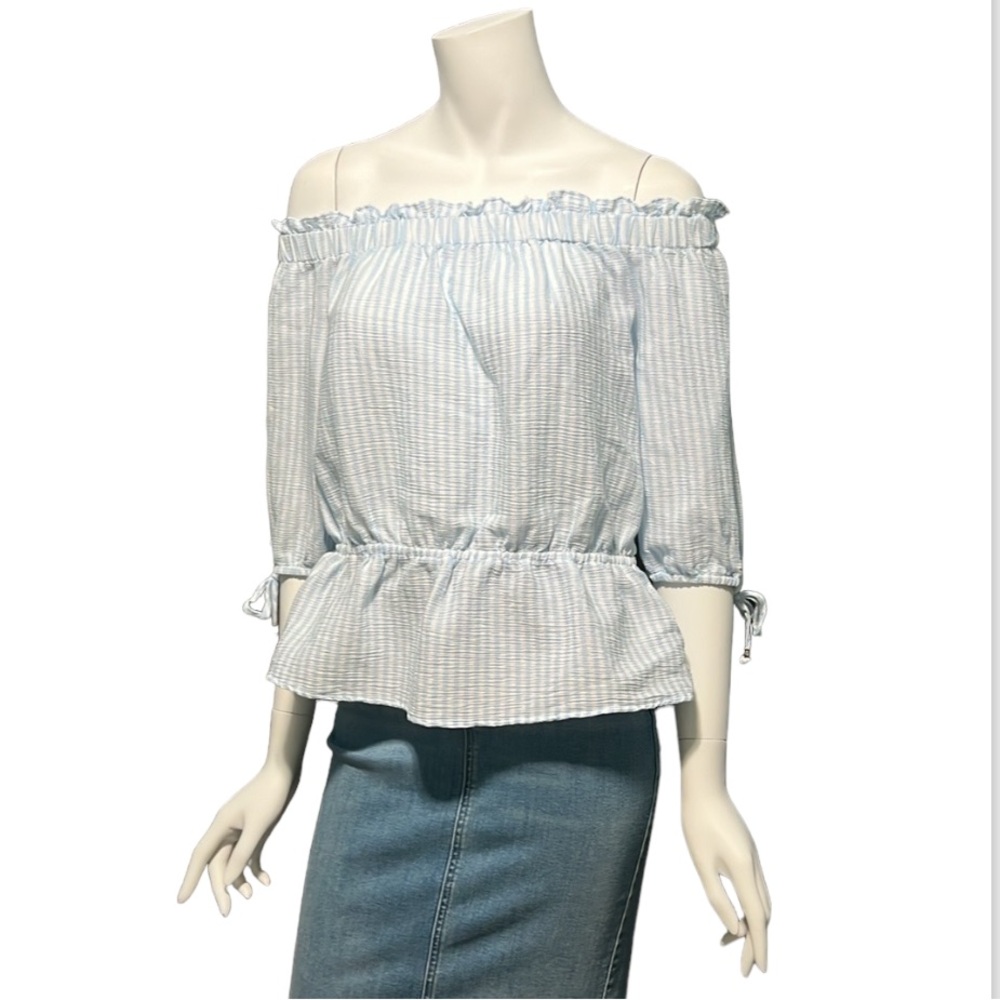 Michael Michael Kors Blue White Striped Off-shoulder Top Small
